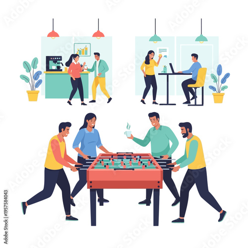 Office Break Room Fun: Foosball Game and Coffee Chat with Colleagues