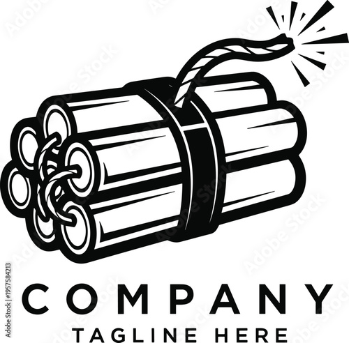 Black-and-white vector logo of dynamite bundle with lit fuse, explosive energy design template for bold branding and marketing impact.