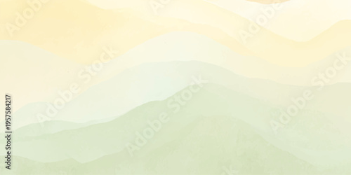 Abstract watercolor background with soft green and yellow wavy layers, ethereal misty mountain landscape texture