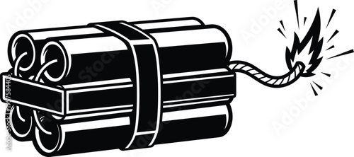 Black-and-white dynamite bundle with burning fuse and sparks, vector explosive illustration for comics, cartoons, and symbolic design themes