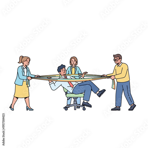 Team stretching office worker in chair with elastic bands, teamwork concept