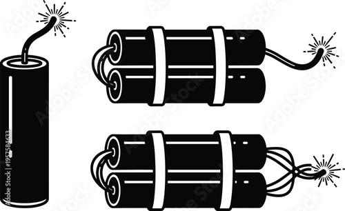 Stylized dynamite sticks and bundles with lit fuses, bold black-and-white explosive vector illustration for comics and symbolic design