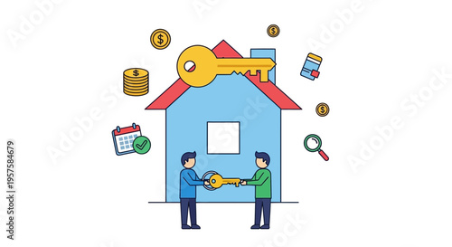 Real Estate Transaction: Handing Over House Keys, Money, Calendar, Magnifying Glass