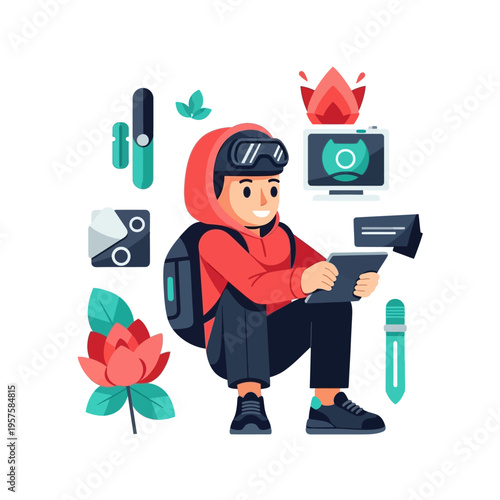 Young man with VR headset using tablet surrounded by tech icons and lotus flower