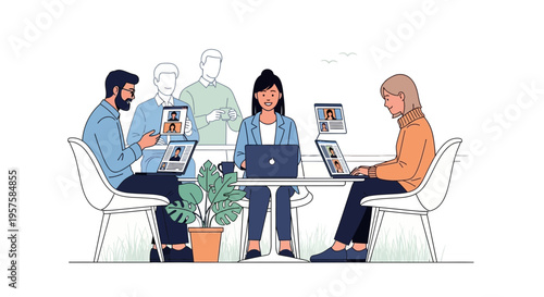Diverse team collaborating remotely via video conference, working together online