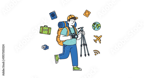 Traveler with Camera and Tripod, Exploring Globe, Cartoon Style