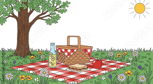 Summer Picnic Scene: Basket, Food, Drink, Tree, Flowers, Sunny Day