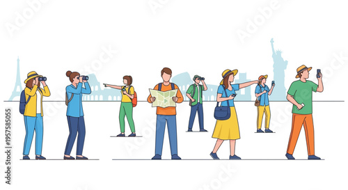 Diverse tourists exploring landmarks with cameras and maps, vector illustration
