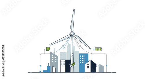 Sustainable city with wind turbine generating clean energy for buildings and battery storage