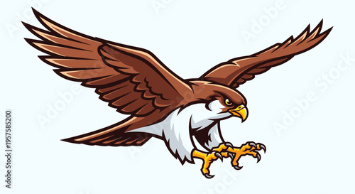 Soaring hawk illustration with outstretched wings in flight against a light backdrop
