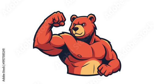 Strong cartoon bear flexing muscles illustration isolated on white
