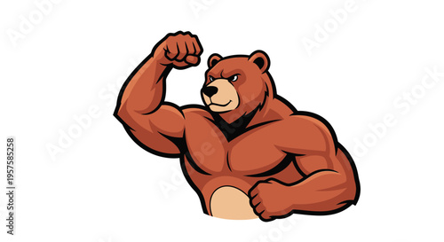 Strong cartoon bear flexing muscles graphic isolated on white background