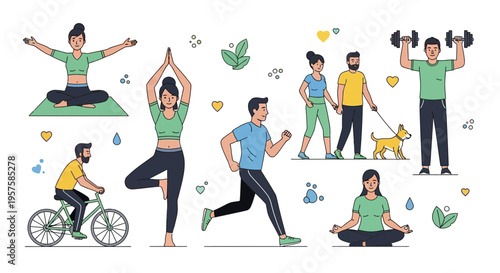 Healthy Lifestyle Collage: Yoga, Cycling, Running, Walking Dog, Weightlifting