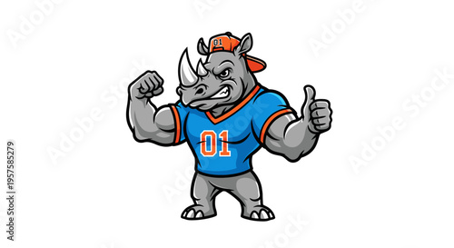 Strong rhinoceros character with thumbs up gesture wearing a baseball cap