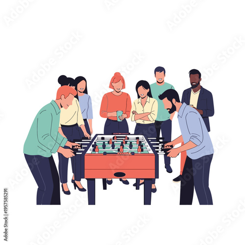 Diverse colleagues playing foosball table game, team building, office fun, casual leisure activity