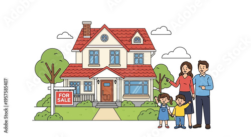 Happy Family Standing in Front of New House with For Sale Sign