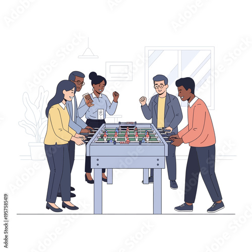 Diverse colleagues playing foosball, office break room fun, teamwork and recreation