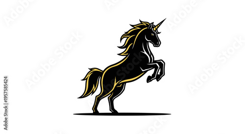 Stylized unicorn silhouette with golden mane and horn on white background