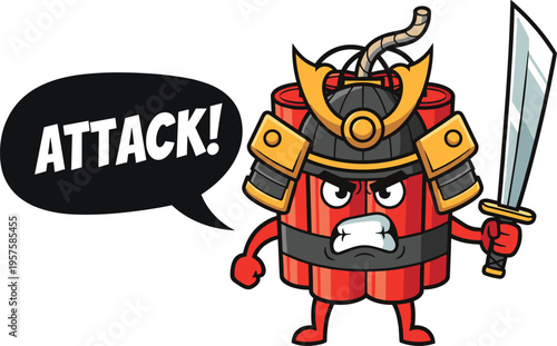 Cartoon dynamite samurai character with sword and helmet, vector illustration of explosive warrior design with speech bubble “ATTACK!”