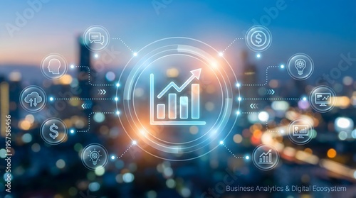 Financial market analysis graph overlaying night city bokeh background for global trade