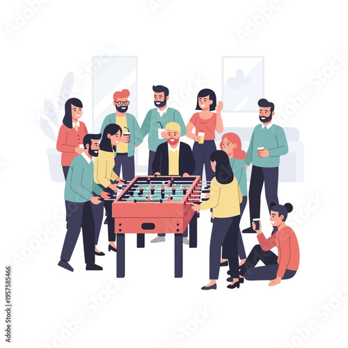 Diverse group of colleagues playing foosball table game in modern office break room, team building activity