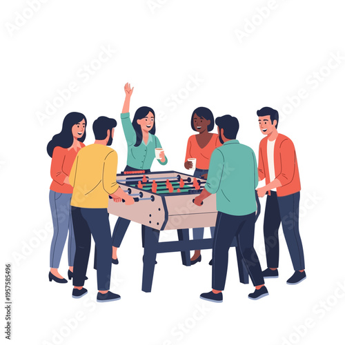 Diverse group of friends playing foosball together, enjoying fun indoor activity