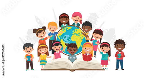 Diverse Children Around Globe, Reading Books, International Education, Global Learning, Diversity