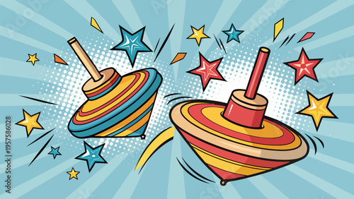 Retro pop art style illustration of two colorful spinning tops with exploding stars and dynamic lines, conveying energy and fun, light blue