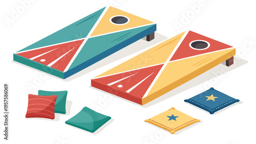 Two cornhole boards with colorful geometric patterns and bean bags, arranged for a game on a white background, bean bag toss