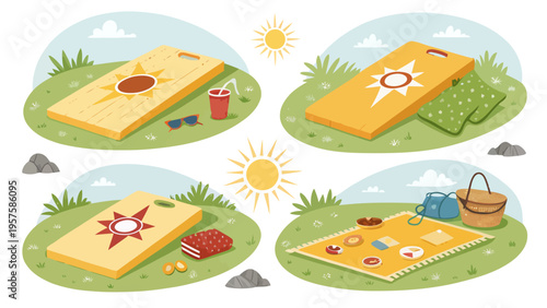 Summer picnic scene with cornhole boards, sunglasses, drinks, and basket on a sunny meadow with blue sky and clouds