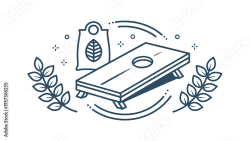 Clean line art illustration of a cornhole board and bean bag, symbolizing outdoor game fun and leisure