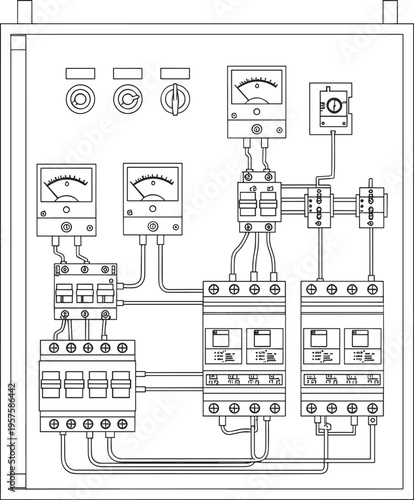 Detailed schematic vector diagram of electrical control panel with meters, circuit breakers, switches, and wiring for industrial power distribution.