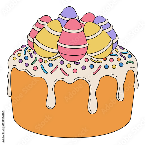 Traditional Christian Easter cake topped with colorful decorated eggs and sprinkles, isolated on white background. Festive dessert illustration. Vector design.