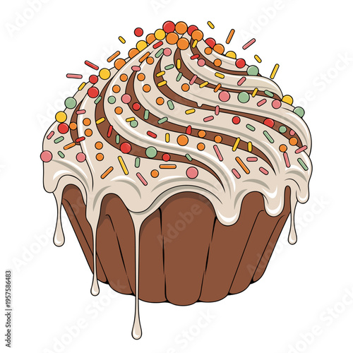 Traditional Christian Easter cake with dripping icing and colorful sprinkles, isolated on white background. Festive cartoon dessert vector illustration.