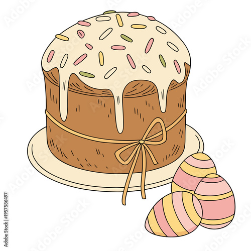 Cartoon Easter cake with decorated eggs and sweet topping. Festive holiday dessert illustration for packaging, branding or design. Vector illustration.