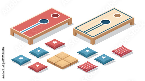 Isometric vector illustration of cornhole game boards and bean bags with bean bag