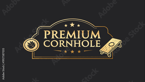 Premium cornhole logo badge with golden emblem and wood board detail, representing high-quality game and leisure
