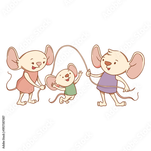 Mouse family jumping rope animal characters