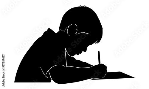 A black and white silhouette graphic illustration clearly depicting a young elementary school-aged child or student deeply engrossed and concentrating with focused determination while actively writing