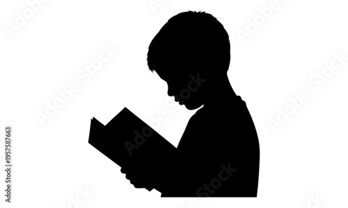 Silhouette of a young boy deeply immersed in reading a book, representing childhood education, a quiet moment of profound learning, and the unwavering pursuit of essential knowledge for mental develop