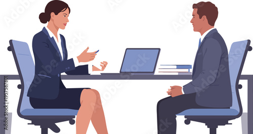 Female manager interviews a male candidate across a desk during a formal job.