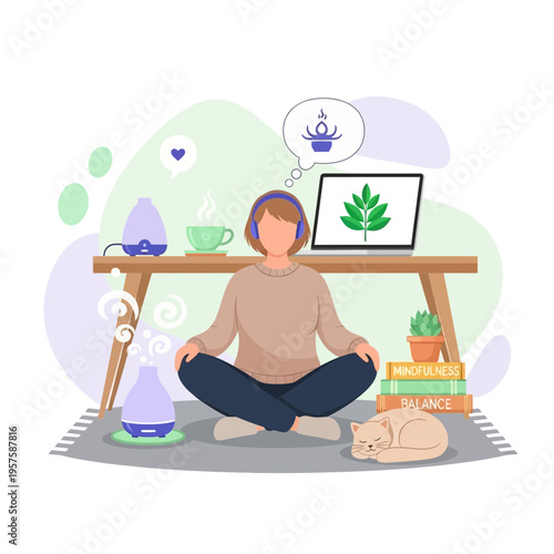 Mental Well-being Flat Illustration of a Remote Worker Prioritizing Self-care