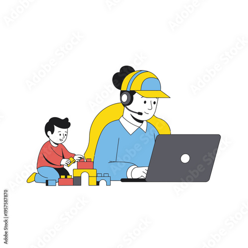 Work-Life Integration Flat Illustration of a Remote Parent and Child
