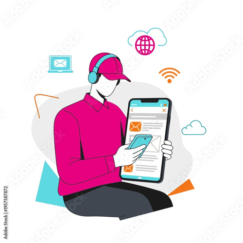 Mobile Productivity Flat Illustration of a Remote Worker Checking Emails