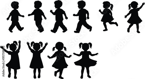 Children silhouette set isolated on white background, happy kids walking jumping and playing, childhood vector illustration for school education design