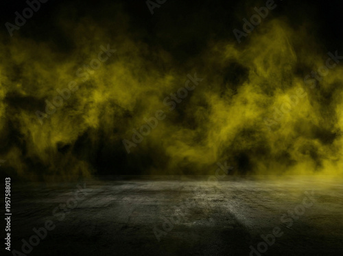 Abstract image of dark room concrete floor. Black room or stage background for product placement.Panoramic view of the abstract yellow fog. Yellow cloudiness, mist or smog moves on black background
