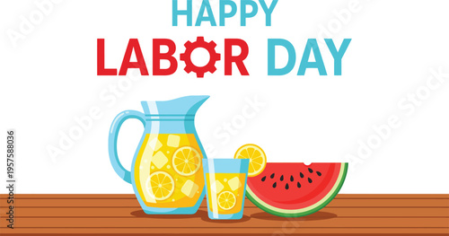 Happy Labor Day celebration with refreshing lemonade and watermelon on wooden table outdoor  summer fun and relaxation