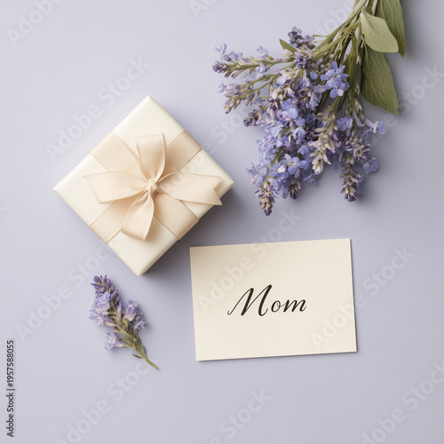 Lavender flowers with gift box and Mother’s Day card flat lay on soft pastel background