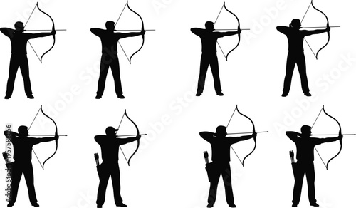 Collection of black silhouettes of archers aiming with bows and arrows isolated on white background, archery sport and hunting icons,