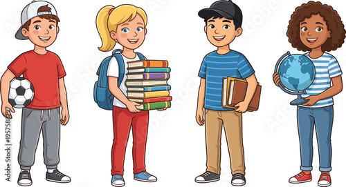 Group of happy diverse school children students holding soccer ball, books, and globe for back to school education concept